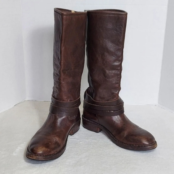 Vintage Foundry Distressed Brown Leather Boots Wrap Around O‎ Ring Buckle Straps - Picture 5 of 12